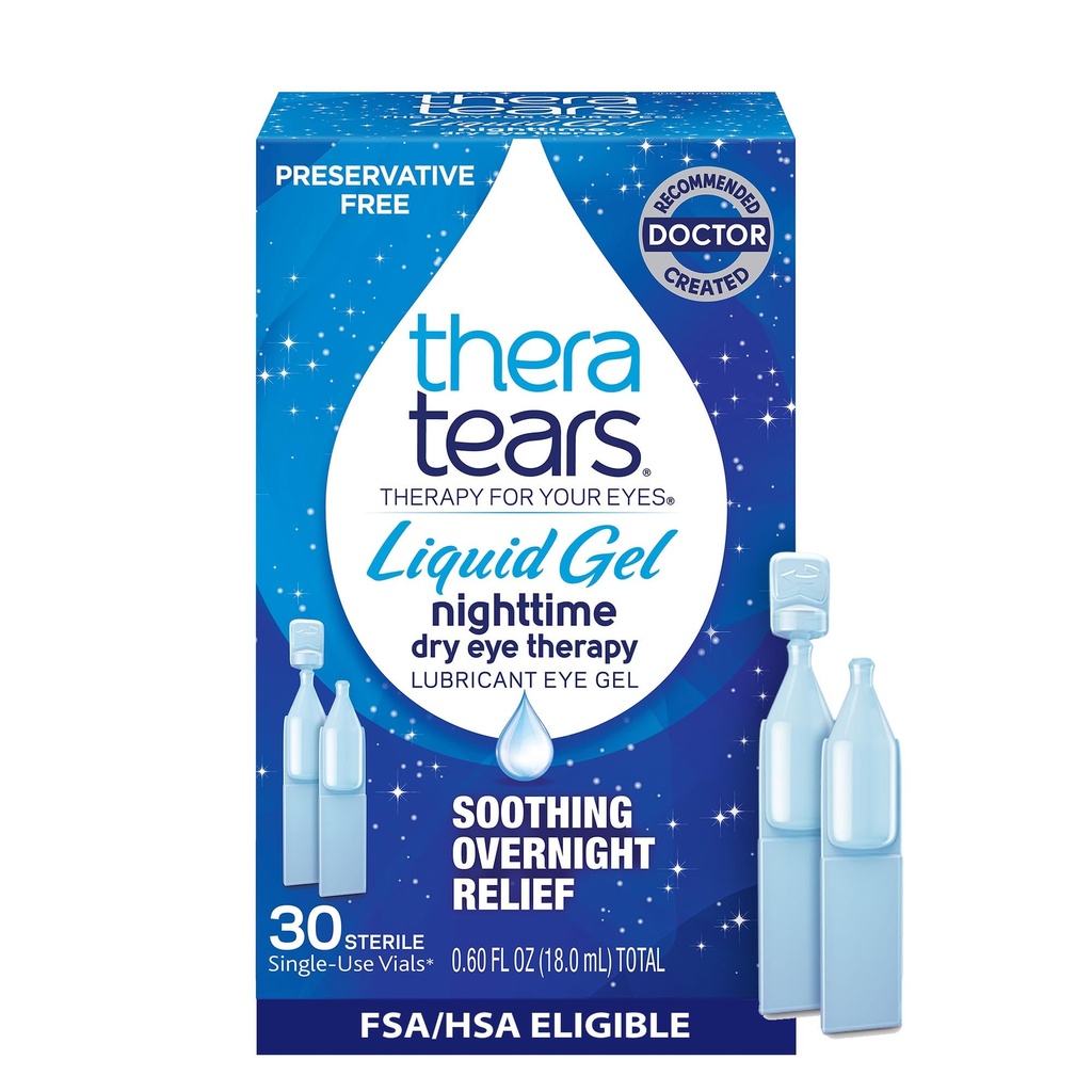 TeraTears Liquid Gel Nighttime Mazání oční kapky pro suché oči, Jednorázové injekční lahvičky, 30 Počet