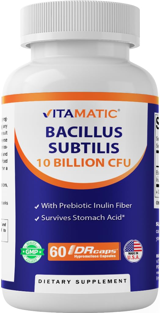 Vitamatic Bacillus Subtilis 10 miliard per DR Capsule - 60 Počet - Stravovací, Gut & Imunitní podpora zdraví - Vyrobeno s prebiotickým inulinovým fiberem