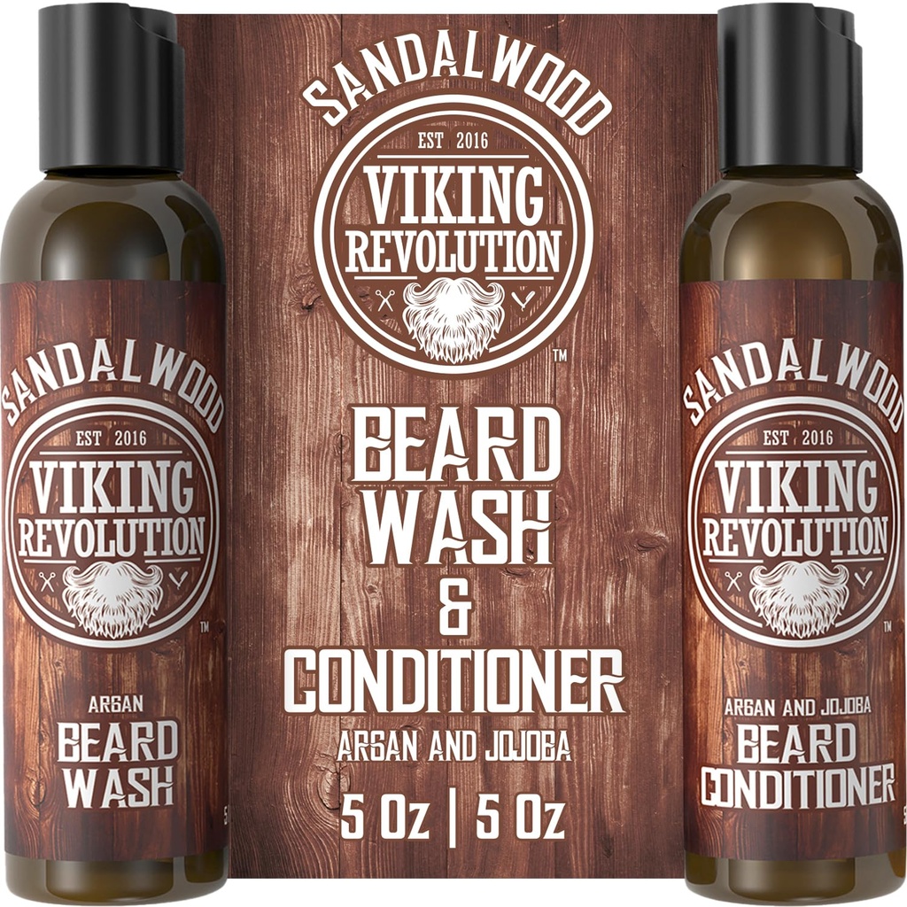Viking Revolution Beard Wash & Beard Conditioner Set w / Argan & Jojoba Oils - Softens & Simptens - Natural Beard Shampoo w / Beard Oil Sandalwood (5oz)