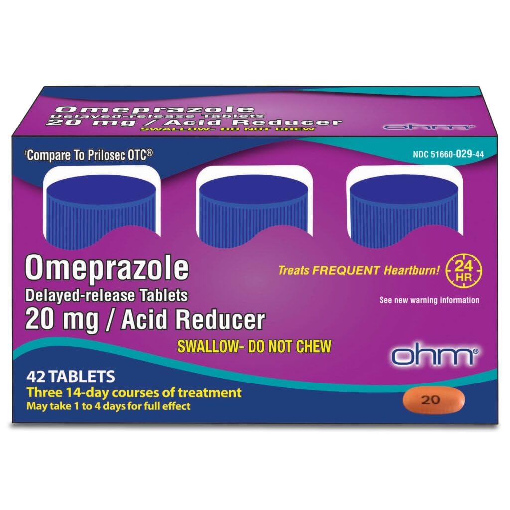 Ohm Omeprazol 20mg, 42 Delayed- Release Tablety, Reducer kyseliny pro časté Heartburn, 24-hodinová Relief Heartburn Medicine, Pomáhá zmírnit žaludek a hrudníku discomform (6 týdnů dodávky, 42, Počet)