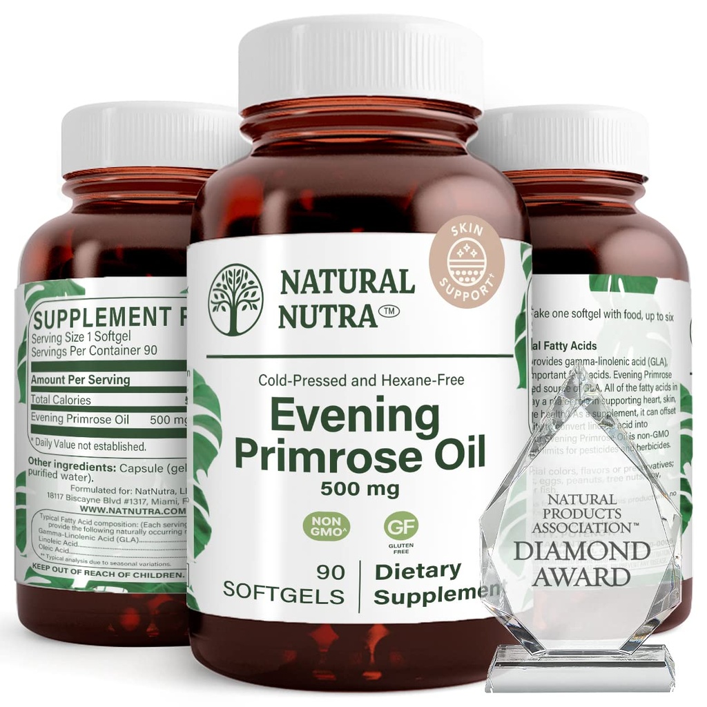 Natural Nutra Večerní Primrose olejový dodatek od mastné kyseliny, Nerve zdraví, pomáhá snížit kožní skvrny, Balance Těla Secretions, Podporovat srdce zdraví, Kůže Clarity, 500 mg, 90 Softgels