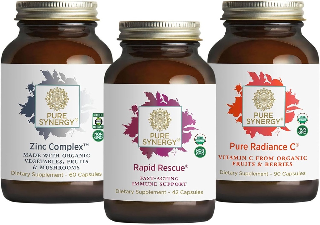 PURE SYNERGY Okamžitá imunitní podpora Bundle 124; Organic vitamin C dodatek 124; Zinek dodatek vyrobený s celou potravin 124; Rapid Bylinné Formule s Echinacea extrakt 124; Non- GMO a organické složky