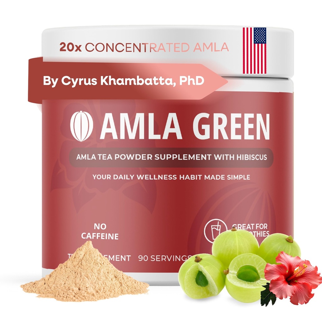 Amla Powder & Green Tea Superfood dodatek s Hibiscus, 20x Ultra Koncentrované Amla, Antioxidant Support, Made with Oolong Tea and Indian Gooseberry, Organic, Vegan, Hibiscus, 90 Služeb