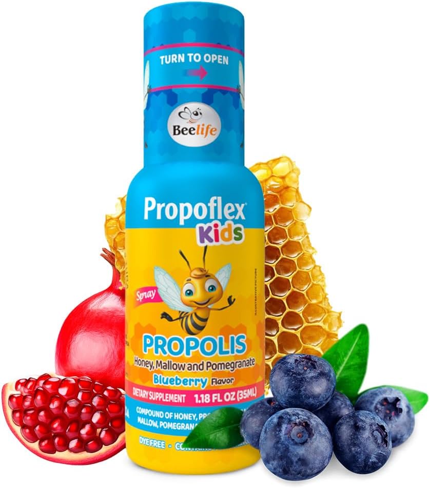 Beelife Bee Propolis Extract, Propolis Krční sprej pro děti - Propolis, Med, Mallow, Pomegranát - Natural Imunitation Support & Sore Throat Relief, No Sugar - Blueberry Flavor - (35ml / 1-Pack)