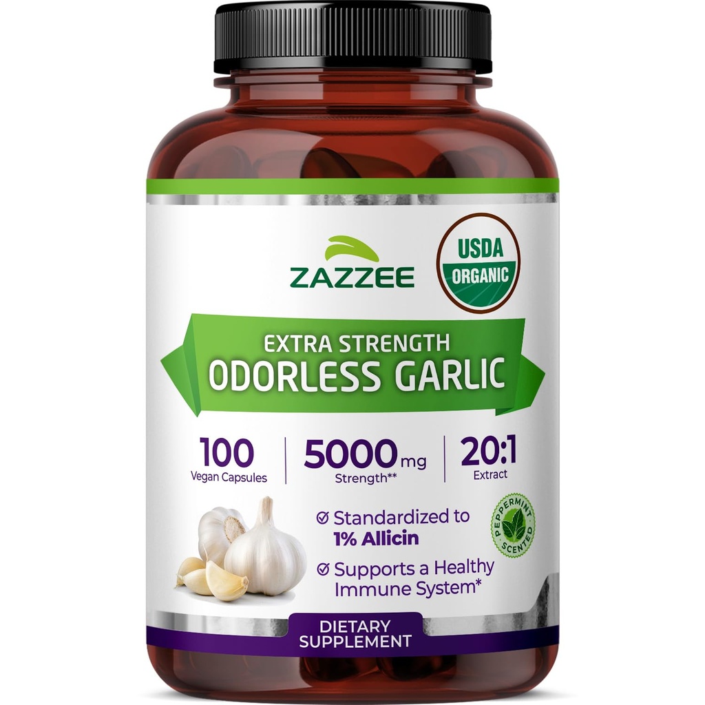 Zazzee USDA Organic Odorless Česnek 20: 1 Extract, 5000 mg Síla, 100 Vegan Kapsle, 3 + měsíční dodávky, standardizované, Koncentrované 20X Extract, 100% Vegetariánské, All- Natural, Non- GMO, Made in USA