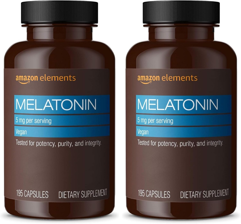 Prvky - Melatonin 5mg Kapsle, Pomáhá s příležitostnou nespavost, Vegan, Neochucený, 195 Počet (Balení po 2), 6 Měsíční dodávky (Balení května Vary)