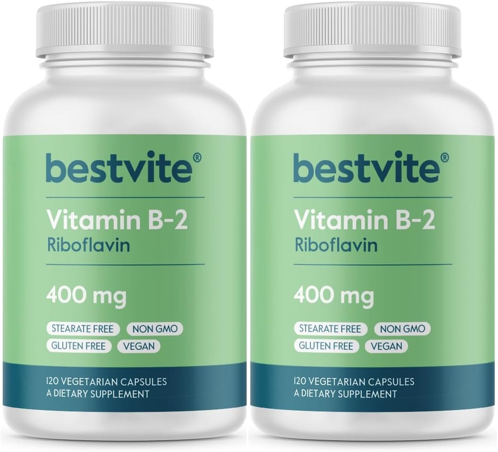 BESTVITE Vitamin B-2 (Riboflavin) 400mg (240 Vegetariánských kapslí) (120 x 2) - No Stearates - Vegan - Non GMO - gluten bez