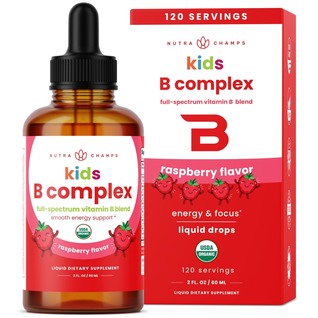 NutraChamps vitamin B Complex pro děti, B1, B2, B3, B6, B7, B9 & Methyl B12, Kids B Complex Liquid Drops Supplement, Energy, Focus, Metabolismus, Natural Berry, 120 Servings, 4 Měsíční dodávky