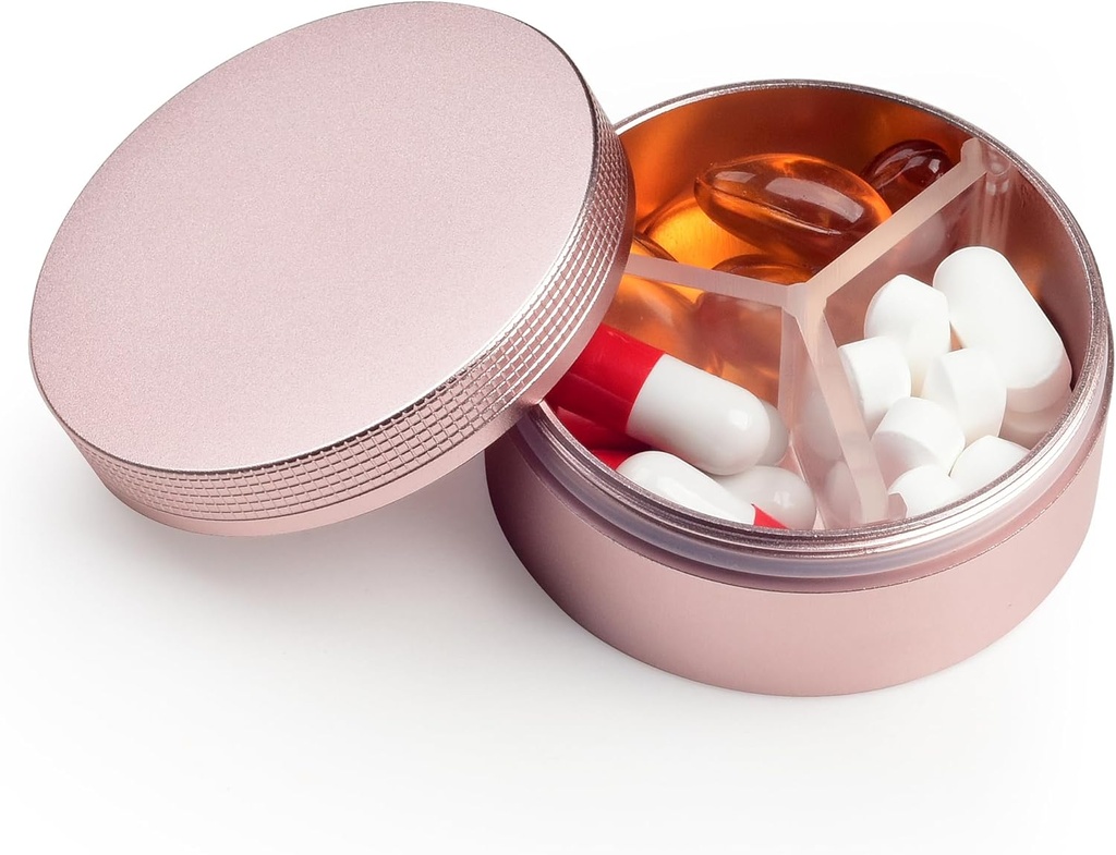 Pouzdro na malé plotýnky 3 Compartments, Kovové kulaté přenosné Pill Box, Vodotěsný Travel Pill Organizátor, Kapesní Purse Medicine Držák vitaminu EDC Kontejner (Rose Gold)