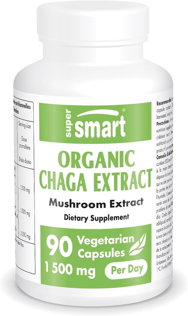 SuperSmart Organic Chaga Extract 1500mg za den (vysoká síla) - Divoké a ručně sbírané Chaga houbičky dodatek 124; Non- GMO & gluten zdarma - 90 Vegetariánské kapsle