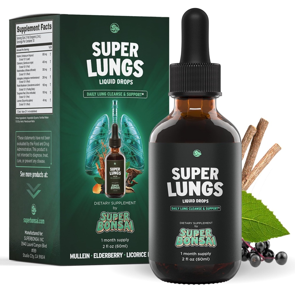 SuperBonsai Super Plíce Mullein Drops - Bylinná lunga podpora tinktura s Mullein Leaf Extract Elderberry Reishi Marshmallow Root - Podporuje čisté dýchání & Wellness - 2 oz