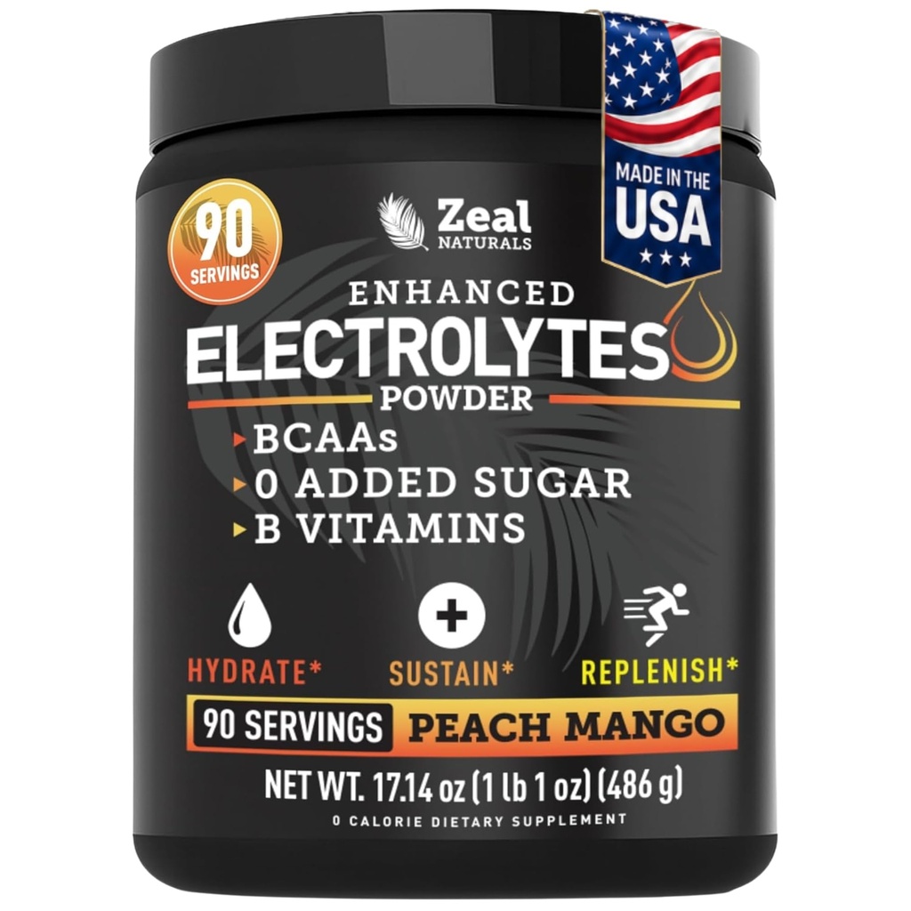 Zeal Naturals Electrolyte Powder Recovery Drink (90 Služeb 124; Peach Mango) w 0 Cukr + BCAA + B-Vitamíny Electrolyte Supplement w Draslík Zinek & Magnesium pro hydrataci - Keto Electrolytes
