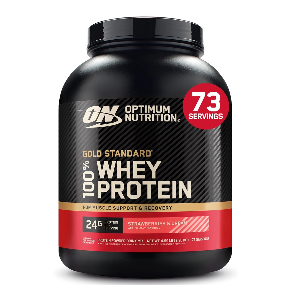 Optimum Nutrition Gold Standard 100% syrovátkový protein prášek, jahody & krém, 5 liber (Balení květen Vary)