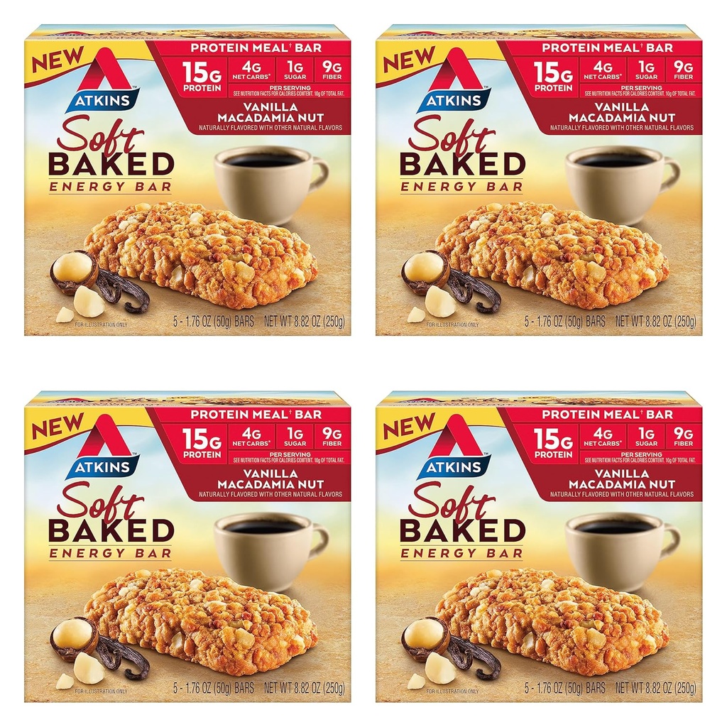 Atkins Vanilla Macadamia Nut Ochucené měkké pečené energetické bary, High in Protein, Nízký cukr, High Fiber Snack, Protein Snack, 4 balení (4 bary každý)