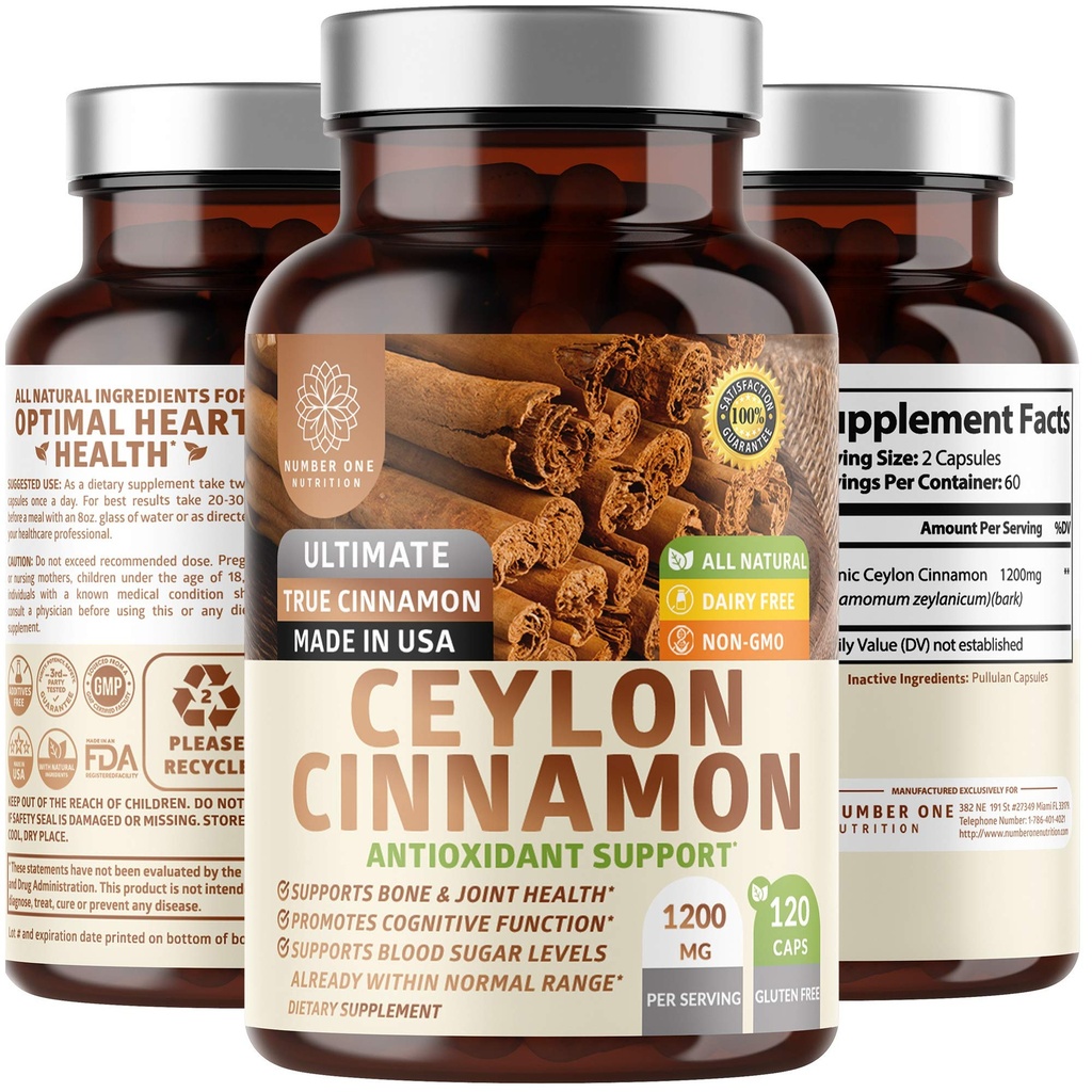 N1N Premium Ceylon Skořice 1200mg [100% organické Ceylon Skořice] Přírodní doplněk k podpoře zdravé cirkulace, Mozek a společné funkce, 120 Caps