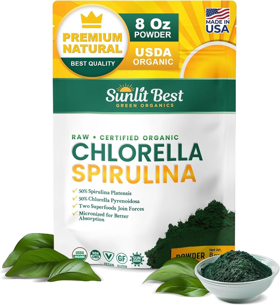 Sunlit Nejlepší USDA Organic Chlorella Spirulina Powder - 100% syrový & Vegan Zdroj bílkovin & Chlorofyl 124; Non GMO & gluten Free Superfood Energy Drink OF 124; Gut Health & Immunal Supplement, 8 oz