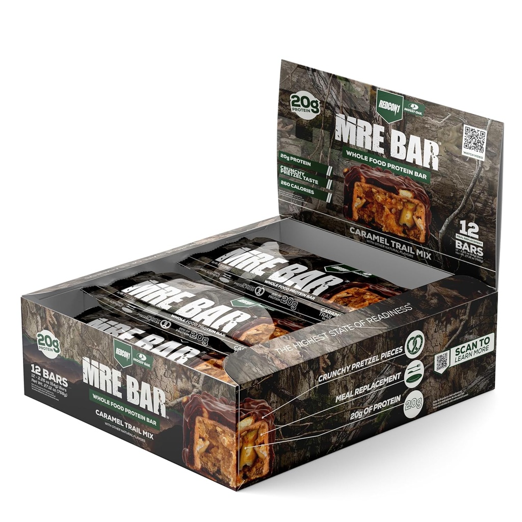 REDCON1 x Mossy Oak MRE Protein Bar, Karamel Trail Mix - 20g celopotravinového proteinu + MCT Oil - snadno stravitelný, Makro vyvážený nízkocukrový jídelní bar (12 barů)
