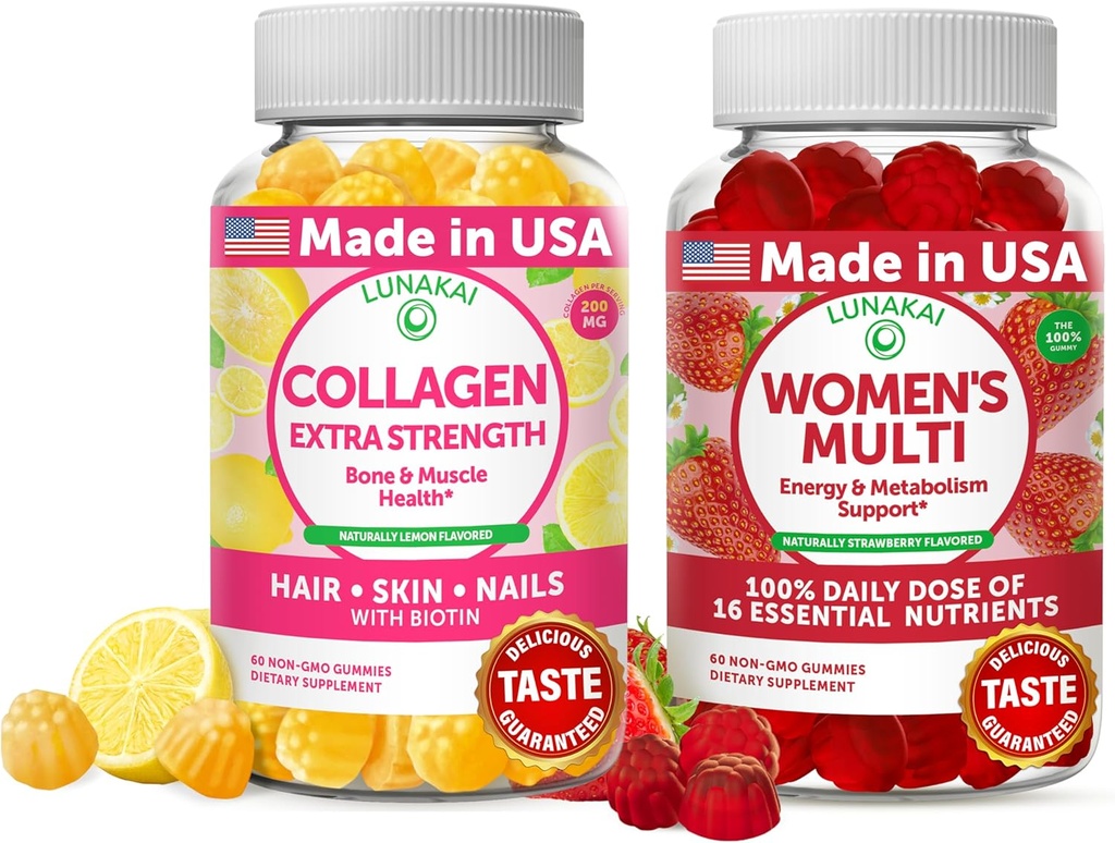 Lunakai Collagen a ženské multivitaminové gumy Bundle - Non- GMO Anti Aging doplňky s biotin, zinek, vitamin C a E - 100% denní hodnota 16 esenciální vitaminy a minerály - 30 dní dodávky