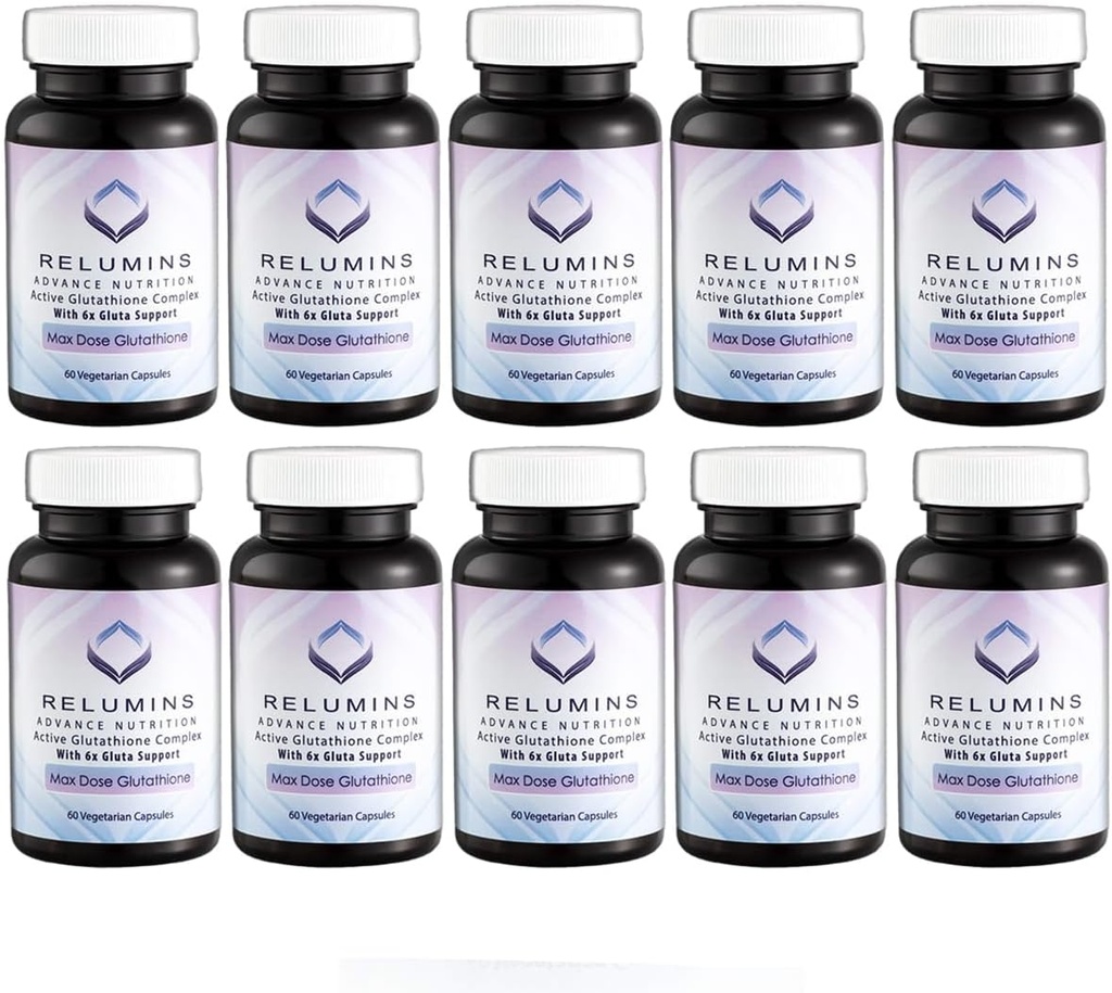 Relumins Advance White Active Glutathione Complex - maximální dávka 900mg Glutathione s 6X zesilovači, ALA & NAC - Anti- Aging Skin Brighting Supplement - 60 Caps x 10 Lahvičky