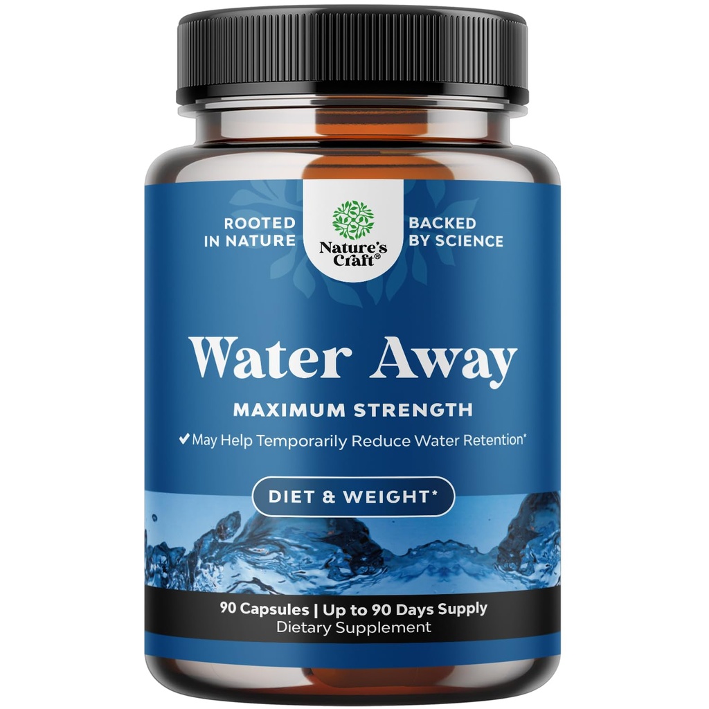 Water Away Bylinné Diuretické pilulky Vysoká síla - Fluid Retention Dodatek s Tapelion Leaf Extract & Green Tea pro nadýmání úlevy pro ženy a muže - Kapsle pro nohy a nohy Otok - 90 Počet