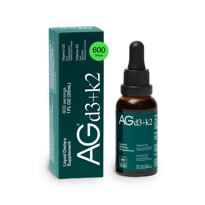 AG1 Vitamin D3 K2 Kapky, 1000IU vitaminu D3 a 100mcg K2 na servírování, podporuje kostní hustotu a absorpci vápníku (atletická zeleň)