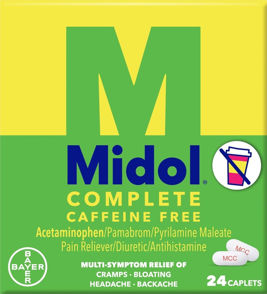 Midol Kompletní Kofein zdarma Kaplety 24ct: Midol Kompletní Kofein zdarma Menstruační bolesti Relief Kaplety s Acetaminophen, Poskytuje bolest hlavy úlevu a období křeče Relief, 24 Počet