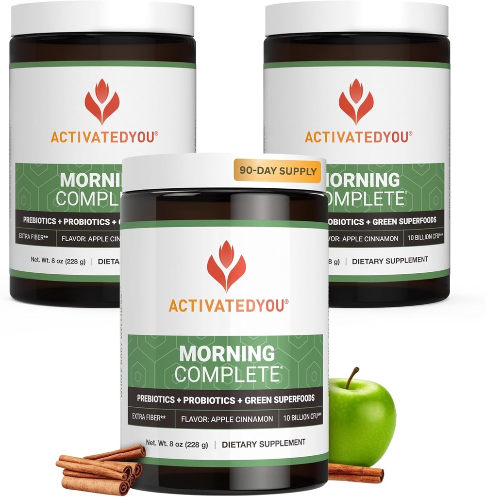 AKTIVATEDYOU Ráno Kompletní denní Wellness Greens Superfood Drink Mix pro Gut Health w / Prebiotika, Probiotika, Antioxidanty, Green Superfood, 10 miliard CFU (3 balení, jablečná skořice)