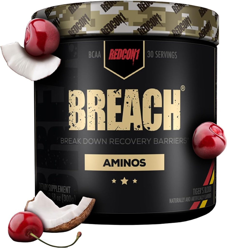 REDCON1 Breach BCAA, Tiger 's Blood - Keto Friendly + Sugar Free Essential Amino Acids for Recovery - Obsahuje BCAAs L-Leucin, L-Isoleucin & L-Valin (30 Služeb)