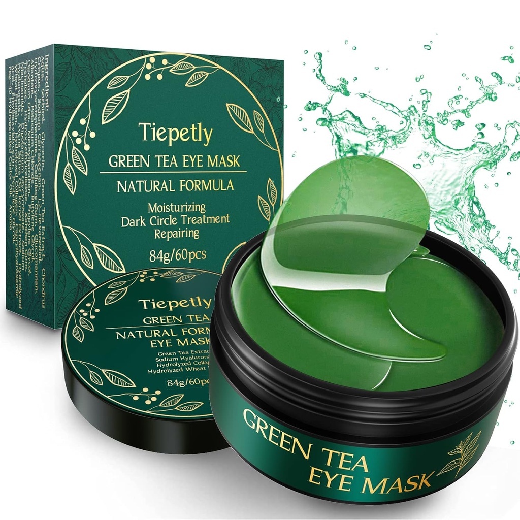 Tiepetly Under Eye Masks with Collagen, Green Tea Eye Patches for Dark Circles and Puffness, Hydrating, Anti Wrinkle, 60 ks