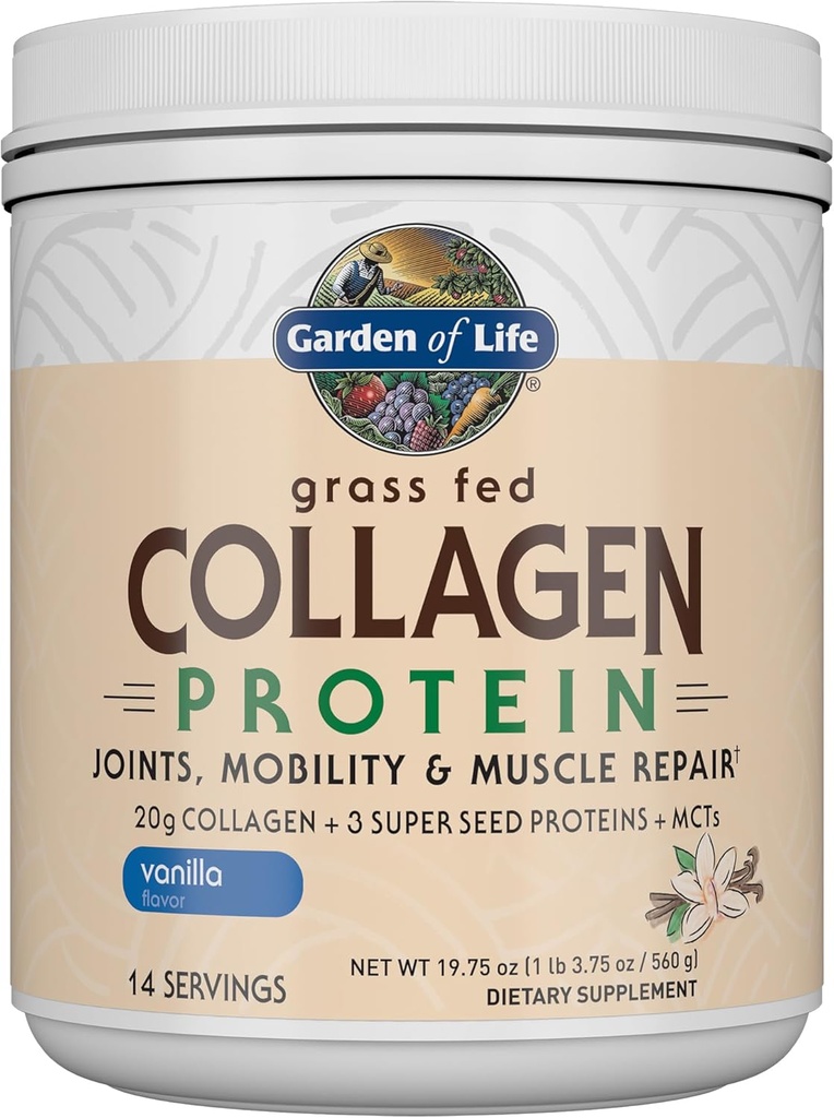 Zahrada života Tráva Fed Kolagen Protein Powder - Vanilla, 14 Servings, Powder for Joints Mobility Muscle Opravy, Kolagen Peptides + Super Seeds + Coconut MCTs, Keto Dodatek