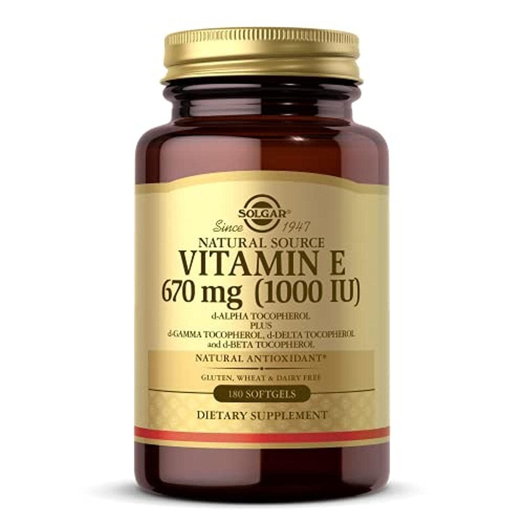 Solgar Vitamin E 670 mg (1000 IU), 180 Softgels - Natural Antioxidant, Skin & Imunitary System Support - Naturally- Sourced Vitamin E - Gluten Free, Dairy Free - 180 Serings