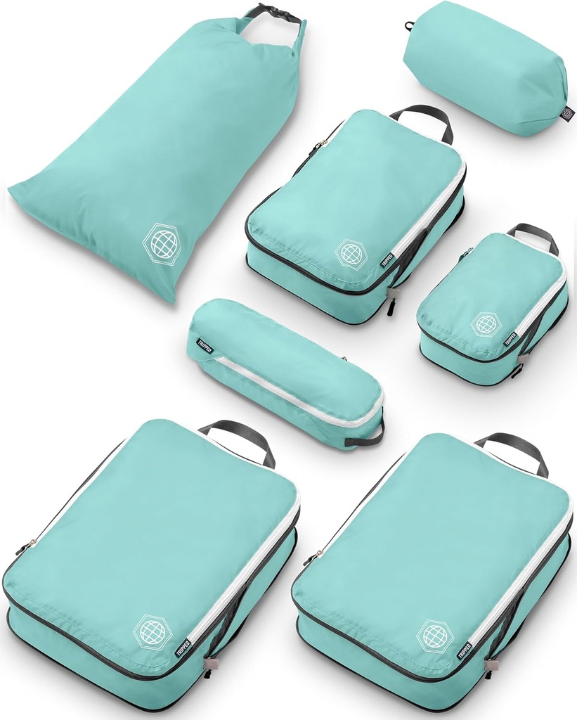 Velké kompresní balící kostky pro cestovní zavazadla Pořadatelé 7 Kousek Set pro checked Luggage- Ultralight, Rozšiřitelné / Kompresní tašky TRIPPED Travel Gear (DustyTeal / White)
