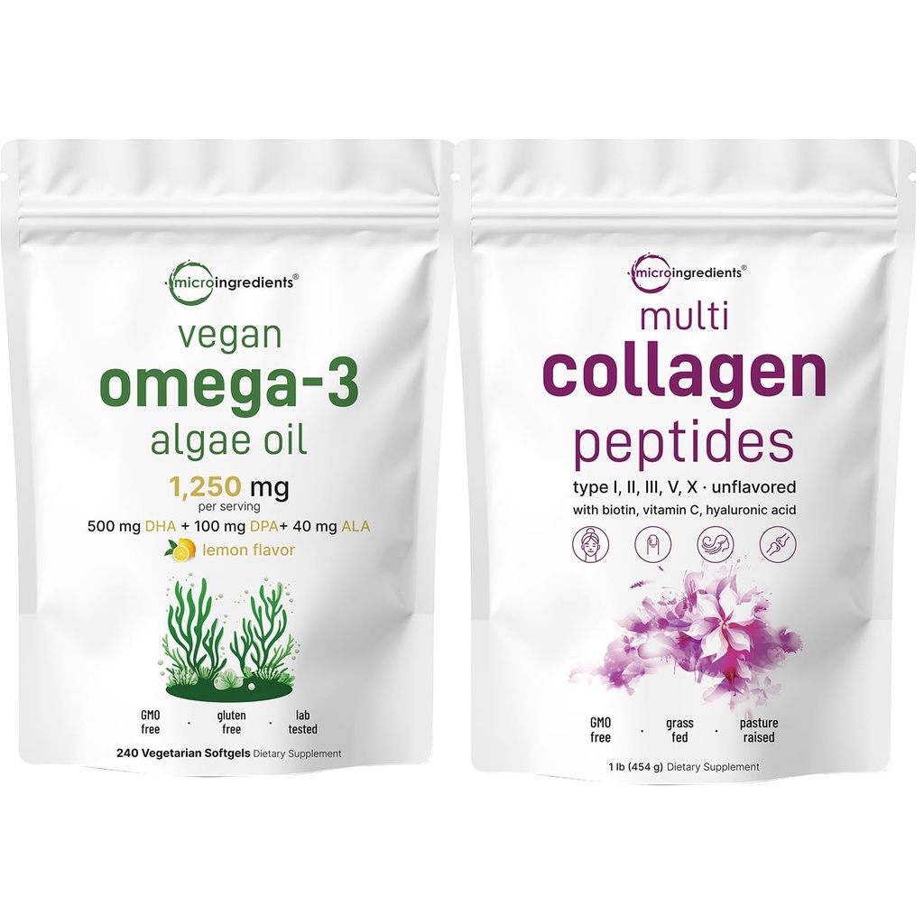 Mikro ingredience Multi kolagen protein Powder 16oz & Vegan Omega 3 Řasy olejový dodatek Bundle 2 Balení 124; Grass- Fed kolagen Peptides phyl124; Omega33 Full Spectrum Alternative to Fish Oil