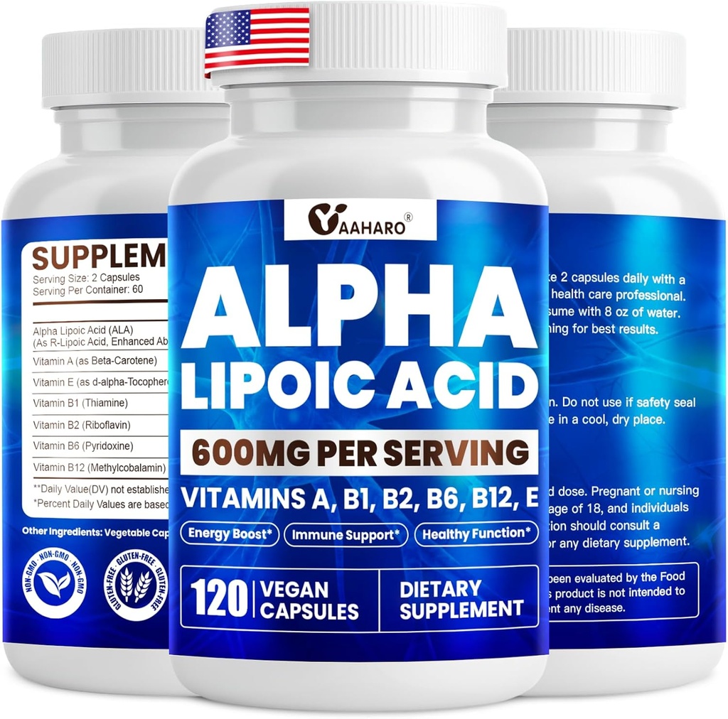 Alpha Lipoic Acid 600mg, ALA doplněk pro energetický boost, imunitní podpora, zdravé funkce, a zesílená absorpce, R- Alpha Lipoic Acid s esenciální vitaminy, 120 Kapsle