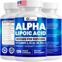 Alpha Lipoic Acid 600mg, ALA doplněk pro energetický boost, imunitní podpora, zdravé funkce, a zesílená absorpce, R- Alpha Lipoic Acid s esenciální vitaminy, 120 Kapsle