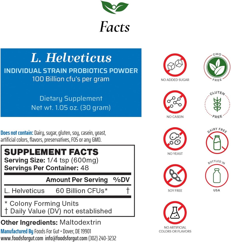 Potraviny pro Gut Lactobacillus Helveticus Probiotic Powder 100 Billion cfu 's CUR 124; No Additives CUR 124; Direct from Manufactur124; No Third- Party Storage CUR 124; L. Helveticus CUR 124; 30 Grams (1.05 OZ)