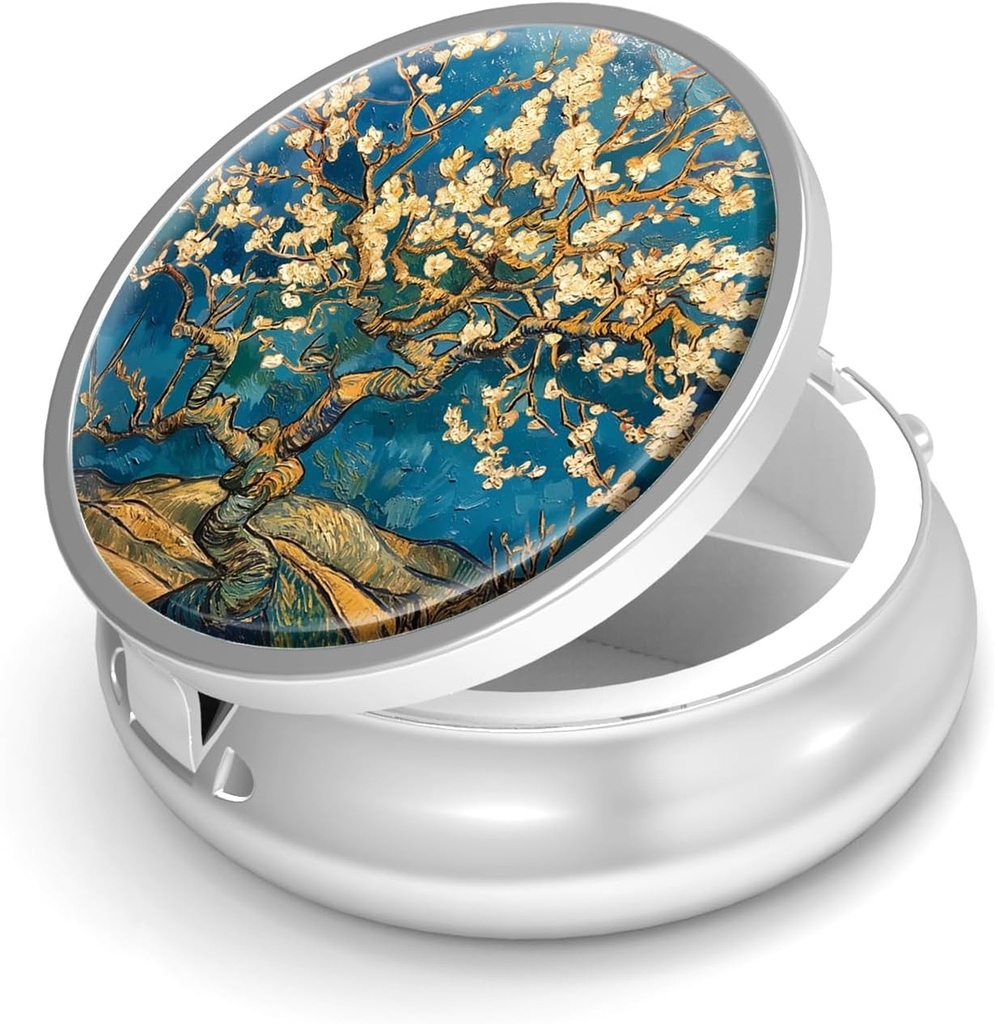 Pill Box-3 Kompartment Small Pill Pouzdro pro Purse & Pocket Mini Metal Pill Holder Cestovní Pill Kontejner pro držení doplňků Vitamíny BPA-Free (Almond Blossom- Van Gogh)