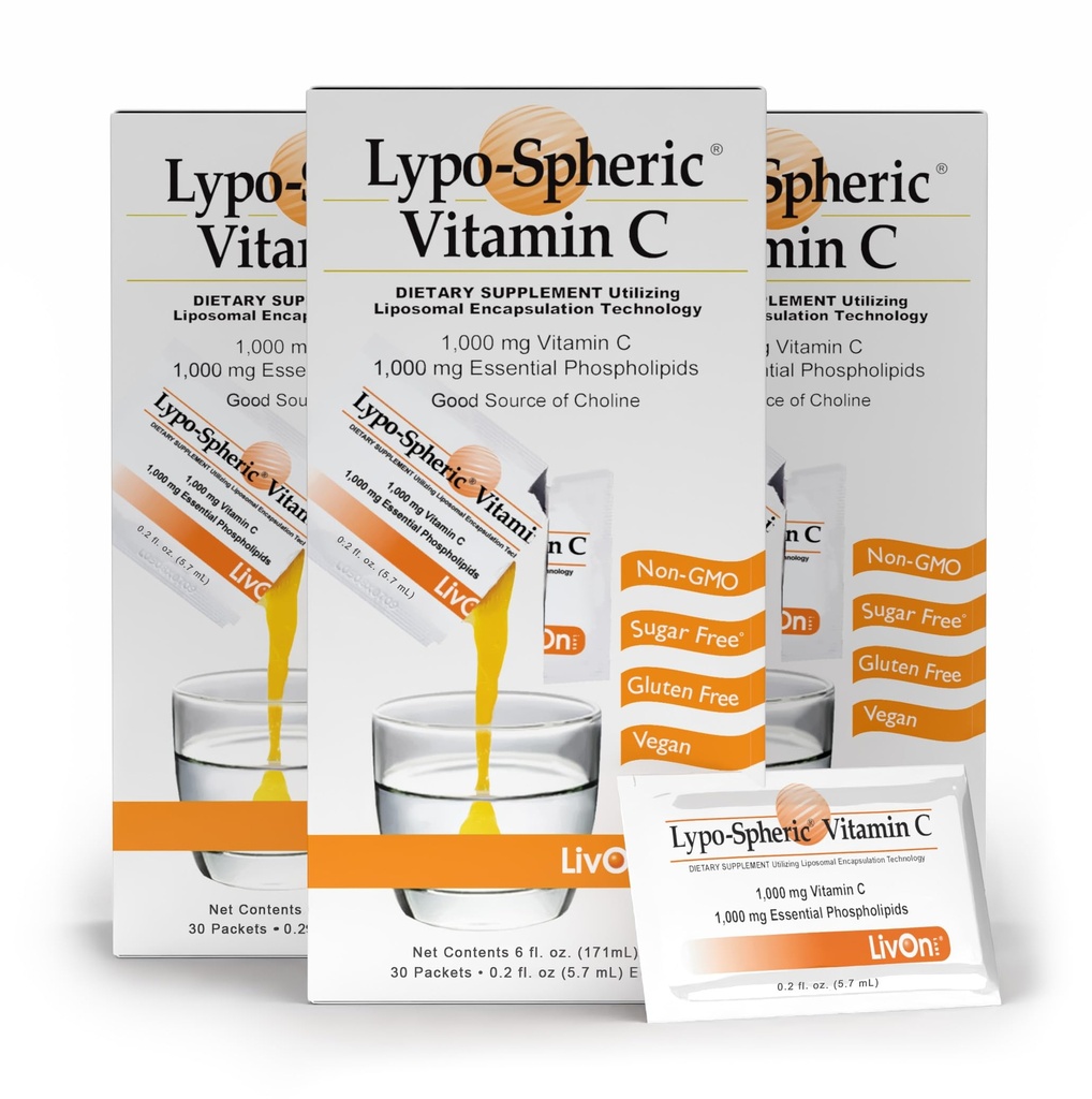 Livon Laboratories Lypo- Sférický vitamin C - 3 Krabičky (90 Packets) - 1 000 mg vitaminu C & 1 000 mg esenciální fosfolipidy per Packet - Liposome Enkapsulated for Improved Absorption - 100% Non- GMO