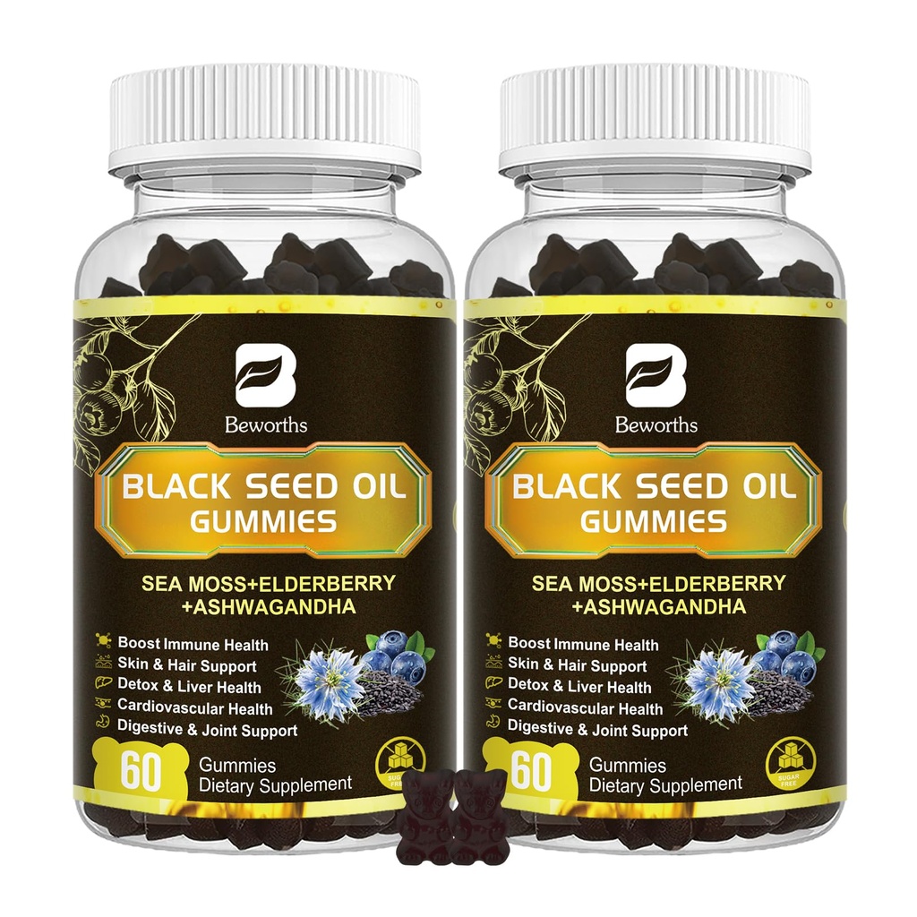 Black Seed Oil & Sea Moss Gummies, 2Pack Irish Sea Moss Gummies with Black Seed Oil, Ashwagandha Extract, Elderberry, Turmeric, Vitamin C, Vitamin D3 - Imunitní podpora, Spojky, Digestion, Vlasy a kůže