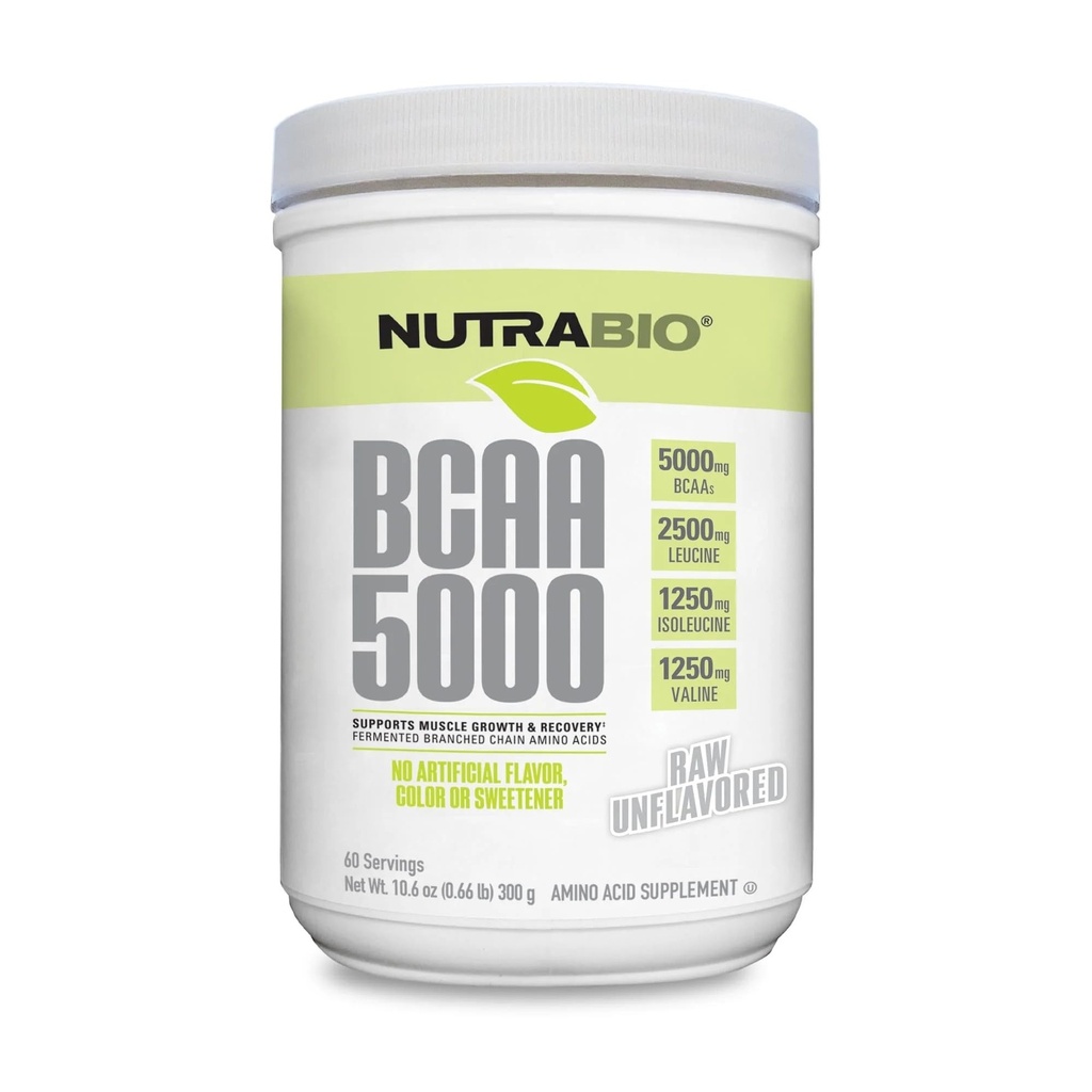 NutraBio BCAA 5000 Powder - fermentované aminokyseliny s rozvětveným řetězcem pro růst a obnovu svalů - Přírodní aromata, sladkosti, a zbarvení, Vegan, gluten zdarma - bez příchutí, 60 Služeb