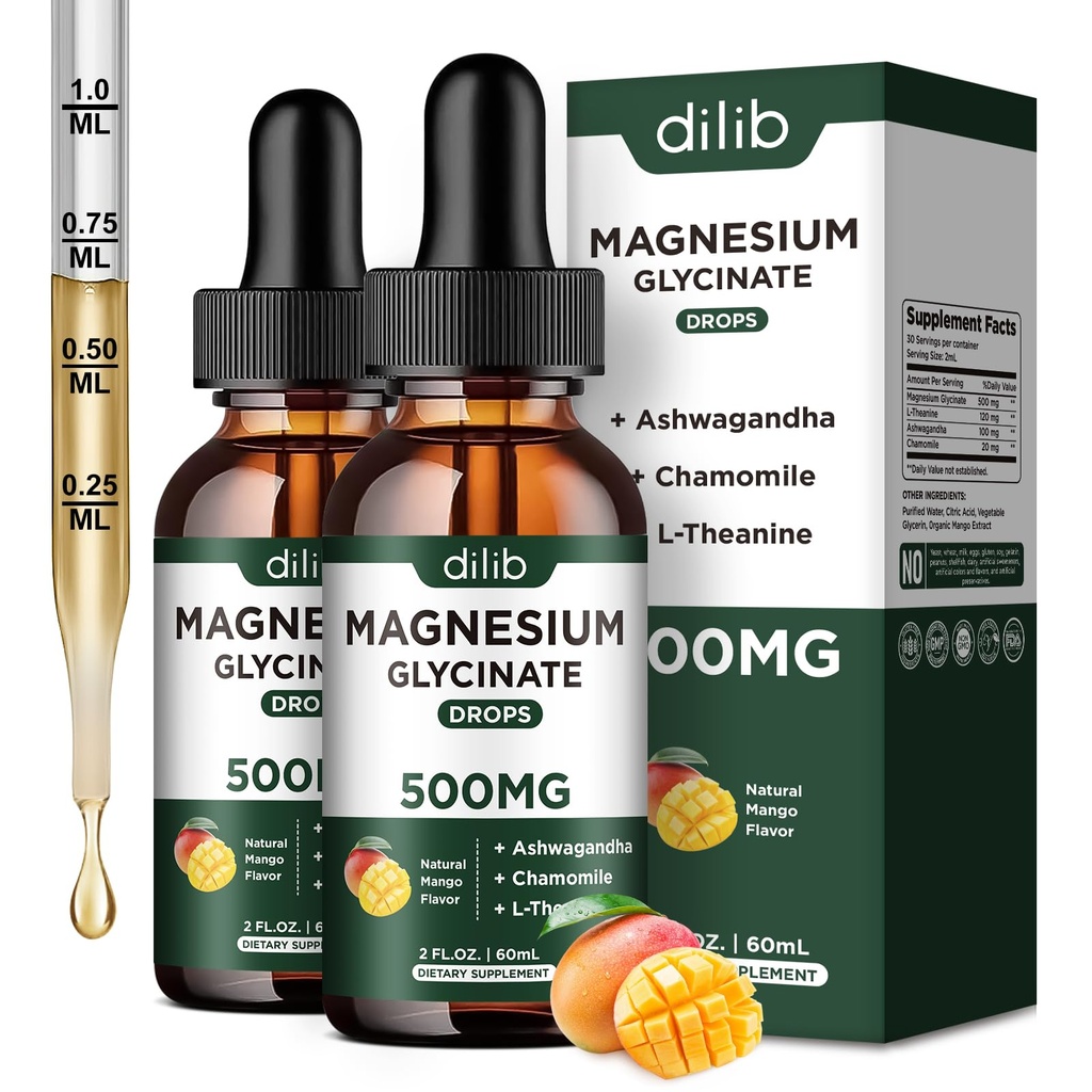 Magnesium Glycinát Tekuté Kapky Dodatek, s Magnesium Glycinát 500 mg Ashwagandha, L - Theanin, Heřmánek -Podpora Stress Relief, Kost, Svalovina, Mood Mango Flavor 2Pack