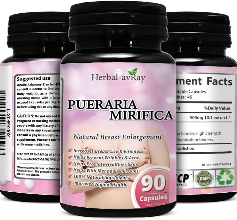 Pueraria Mitiqua Kapsle - Přírodní pilulky na zvětšení prsou pro ženy - Pilulky na rozšíření prsu - Růst prsu, Vaginální zdraví, Menopauza Relief, Kůže & Zdraví vlasů - 90 Vegan Kapsle