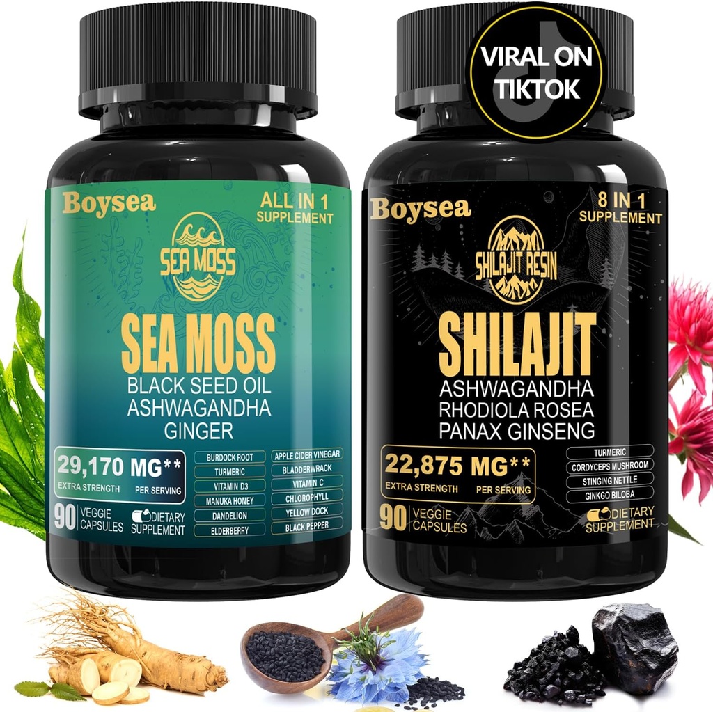 Geloo Superfood dodatek Bundle - 90 Count Sea Moss Kapsle (Moss moře, Black Seed Oil) & 90 Count Pure Shilajit Kapsle (Shilajit, Ashwagandha) -1 Pack
