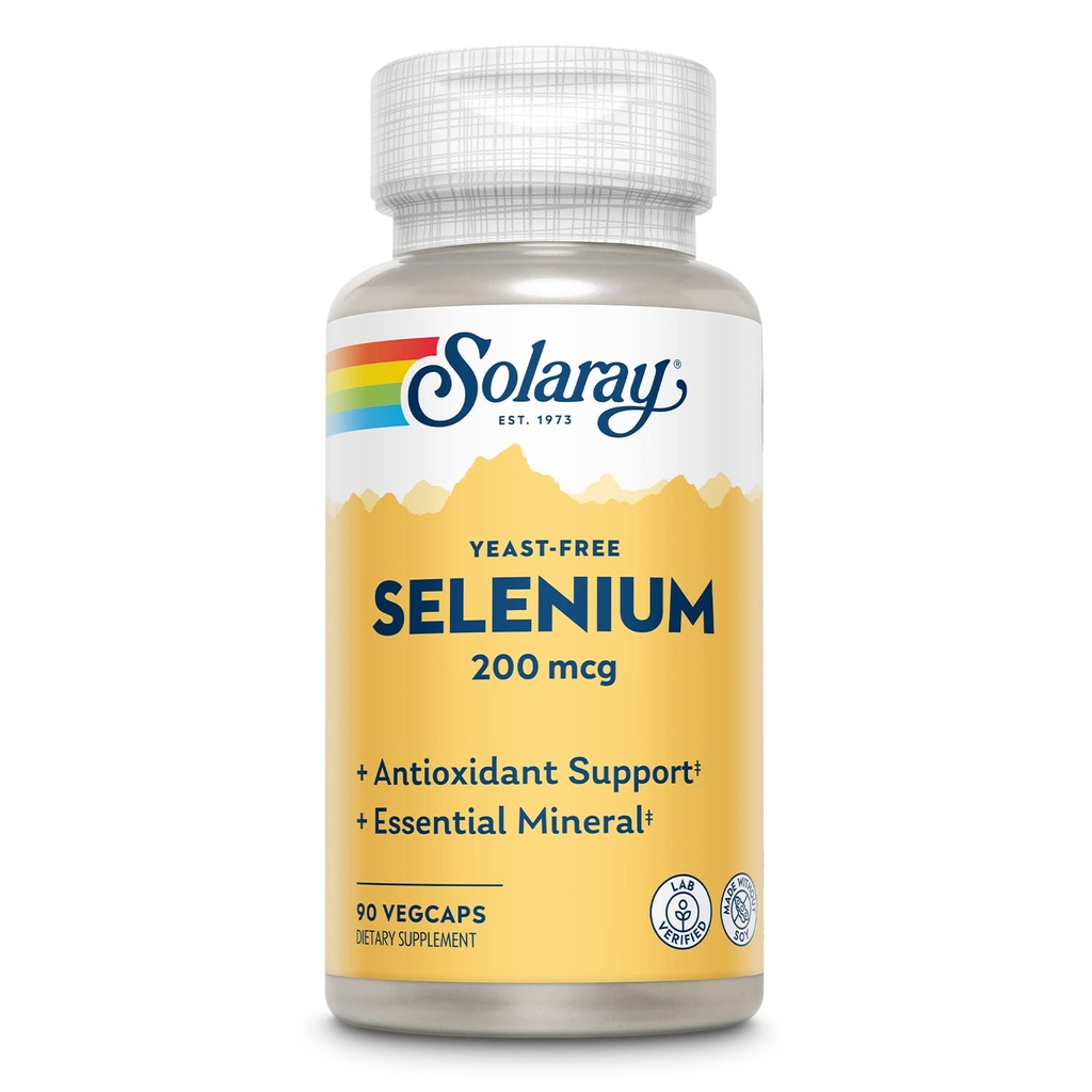 Solaray Yeast Free Selenium 200mcg, Seleniové kapsle pro zdravou funkci štítné žlázy a imunitní podporu, vysoce absorpční dodatek, Vegan, 90 Služení, 90 VegCaps