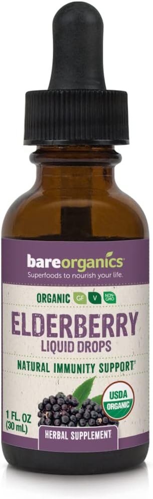 BareOrganics Elderberry Liquid Drops, Bylinný dodatek, 1 Ounce
