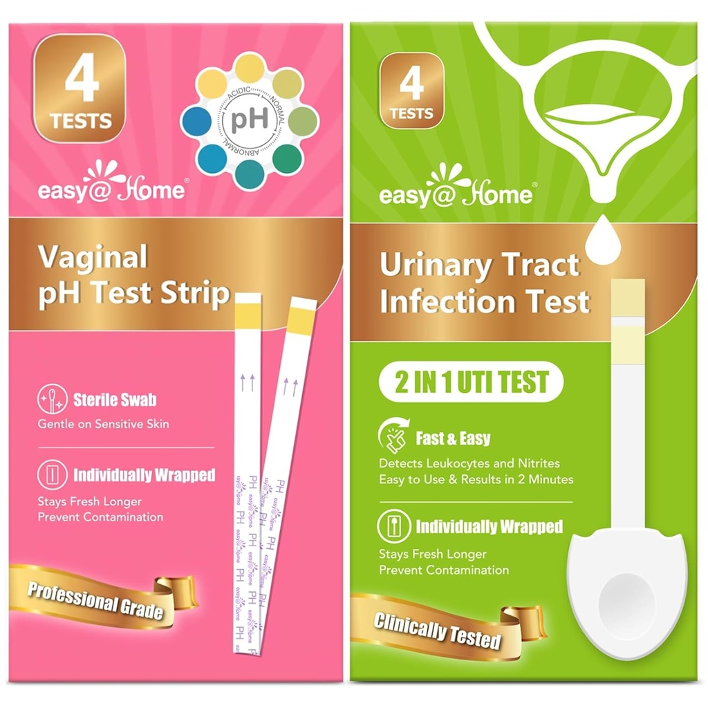 Easy @ Home Vaginální pH Testovací proužky & UTI Testovací kity (8 Počet): kvasinková infekce, BV, UTI testy pro ženy, rychlé přesné výsledky, 4 Močové Trakt Infekce & 4 Feminin pH Zdravotní testy