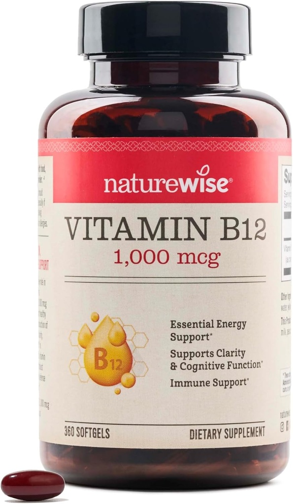 NatureWise Vitamin B12 1000 mcg - Dietní dodatek pro podporu metabolismu energie, duševní jasnost, nervový systém zdraví - Easy- to- Swallow, Soy & gluten- Free, Non- GMO - 360 Počet [1- Rok dodávky]