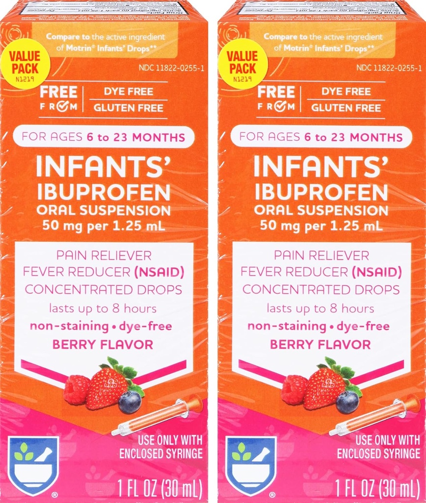 Rite Aid Infants 'Dye- Free Ibuprofen Drops, Berry Flavor, 50 mg - 2 Value Pack CU124; Infant Pain Reliever CU124; pro děti ve věku 6 až 23 měsíců CU124; perorální suspenze 50 mg na 1, 25 ml CU124; gluten bez
