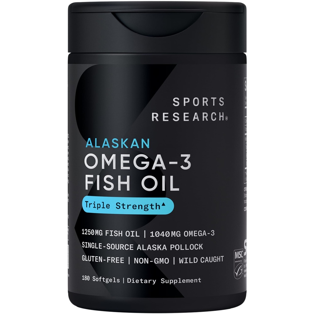 Sport Research Triple Strength Omega 3 Fish Oil - Bezproblémový doplněk rybího oleje w / EPA & DHA Fatty Acids from Single-Source Wild Aljaskan Pollock - 1250 mg, 180 ct