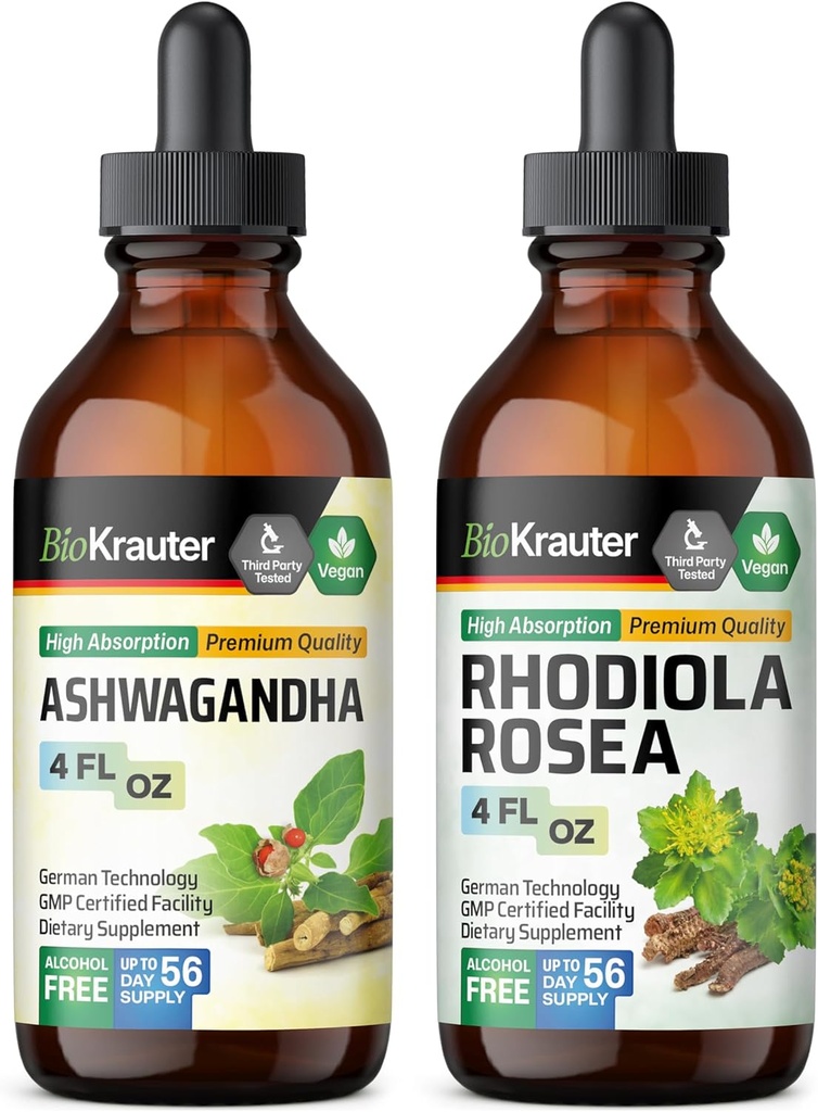 BIO KRAUTER Ashwagandha tinktura 4 Fl. Oz. & Rhodiola Rosea tinktura 4 Fl. Oz.